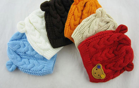 Knitted Baby Hat with Ears Cartoon Label Bear