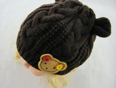 Knitted Baby Hat with Ears Cartoon Label Bear