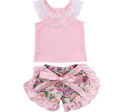 Baby Girls Lace Sleeveless Tops T-shirt + Floral Shorts